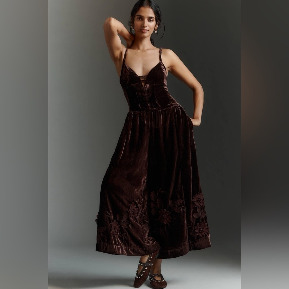 NWT By Anthropologie 3D Floral Velvet Jumpsuit Wide Leg Bohemian Size 8